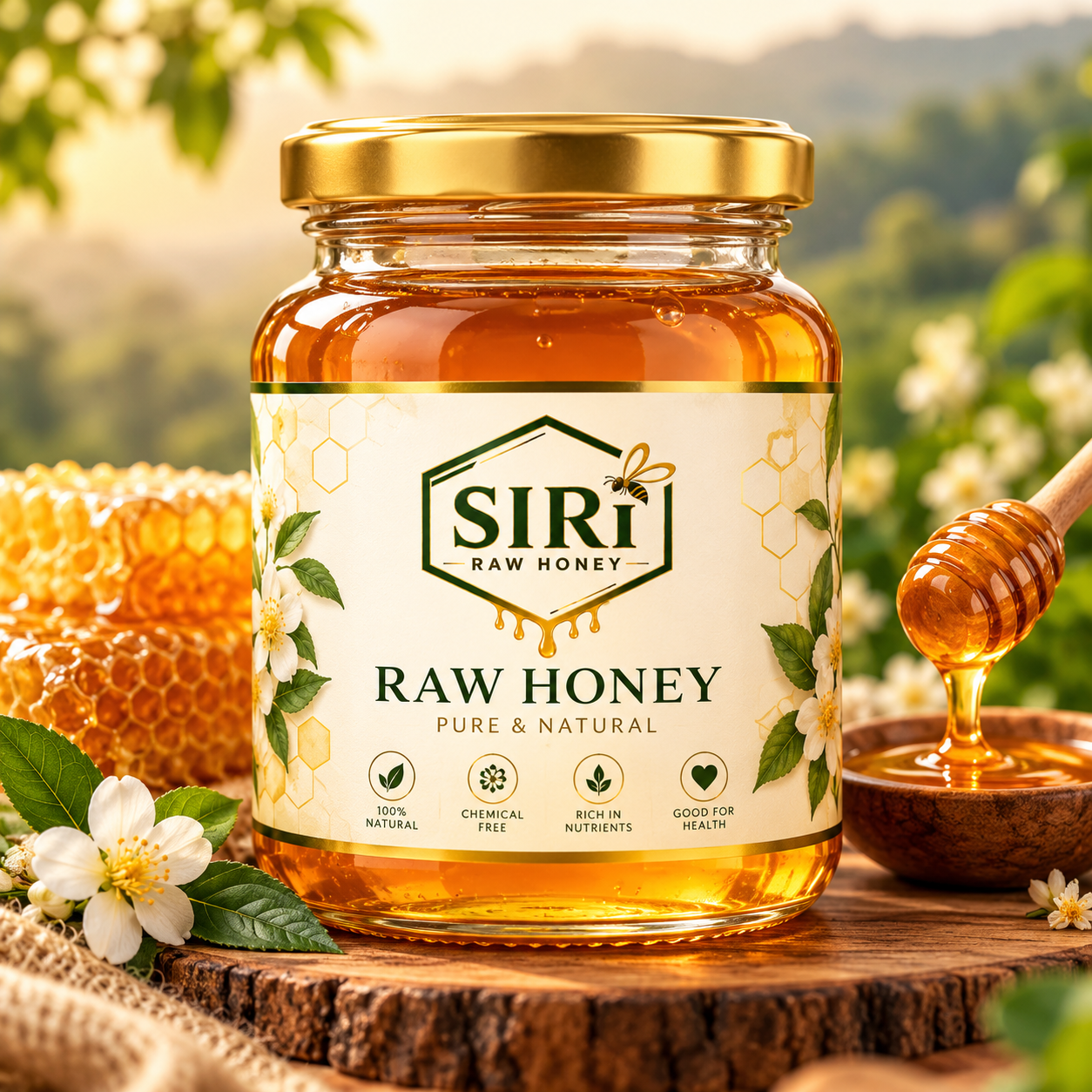 Pure natural honey glowing in warm light